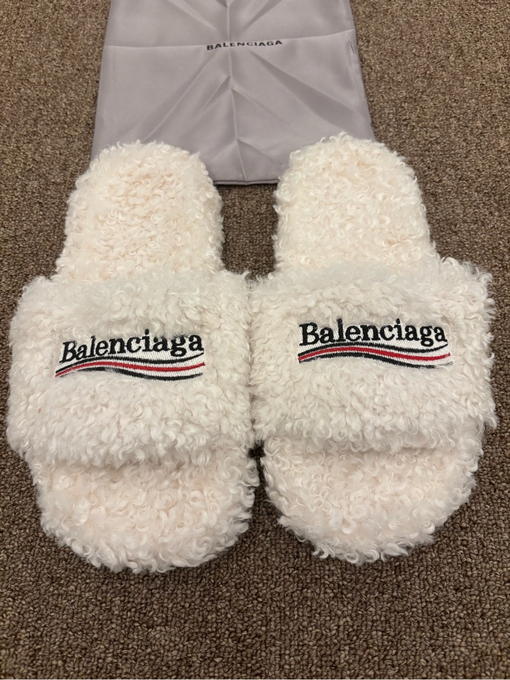 Balenciaga Cream Curly Shearling Logo Slides with Red & Black Trim